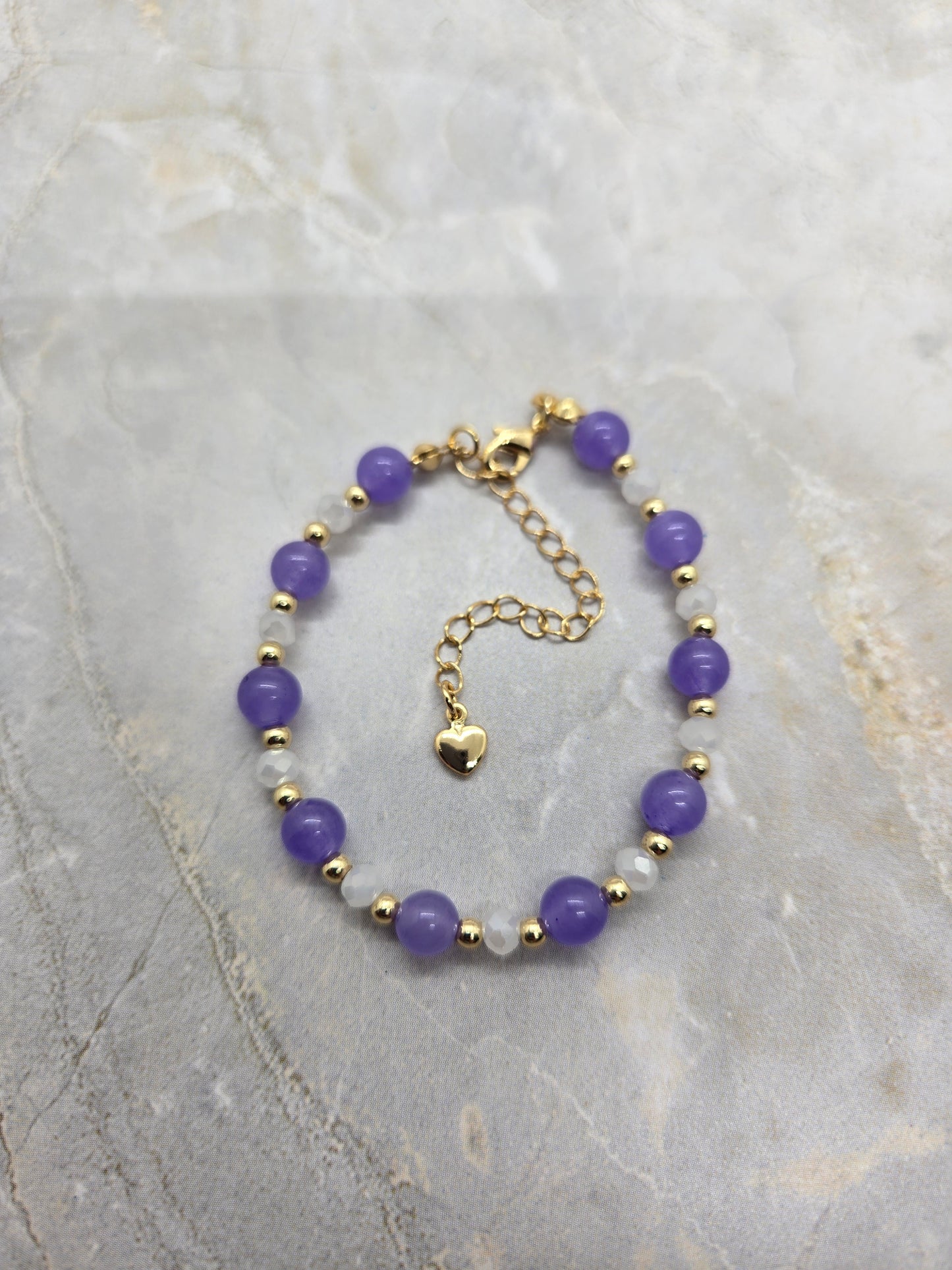 Dyed Jade Purple, white and Gold plated Bracelet