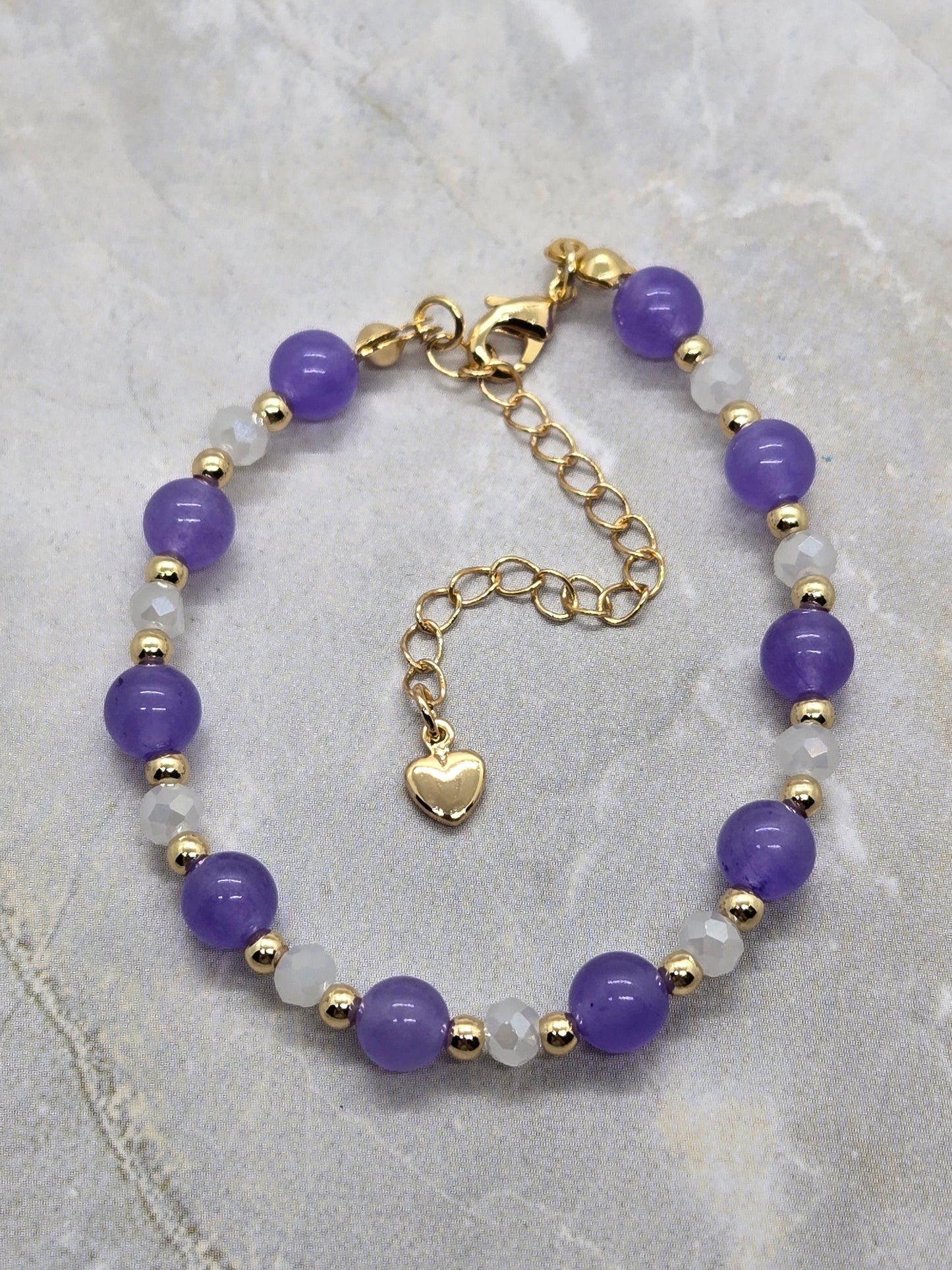 Dyed Jade Purple, white and Gold plated Bracelet