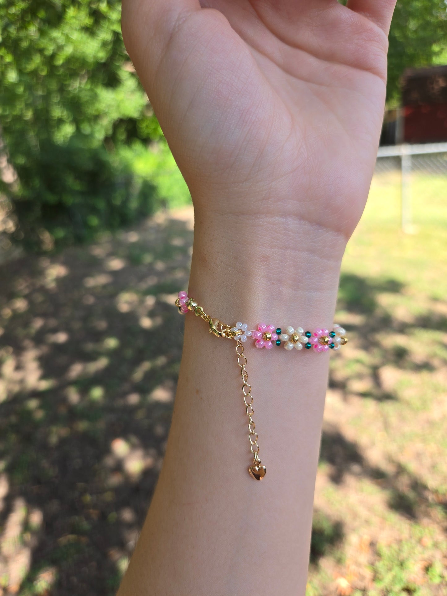 Pink and green Daisy bracelet