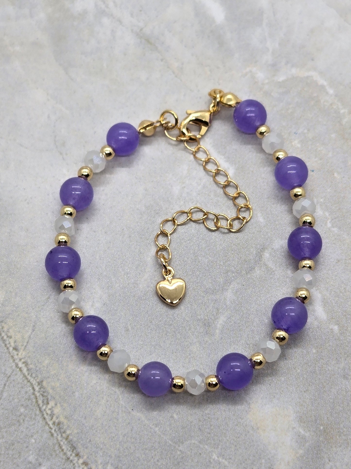 Dyed Jade Purple, white and Gold plated Bracelet