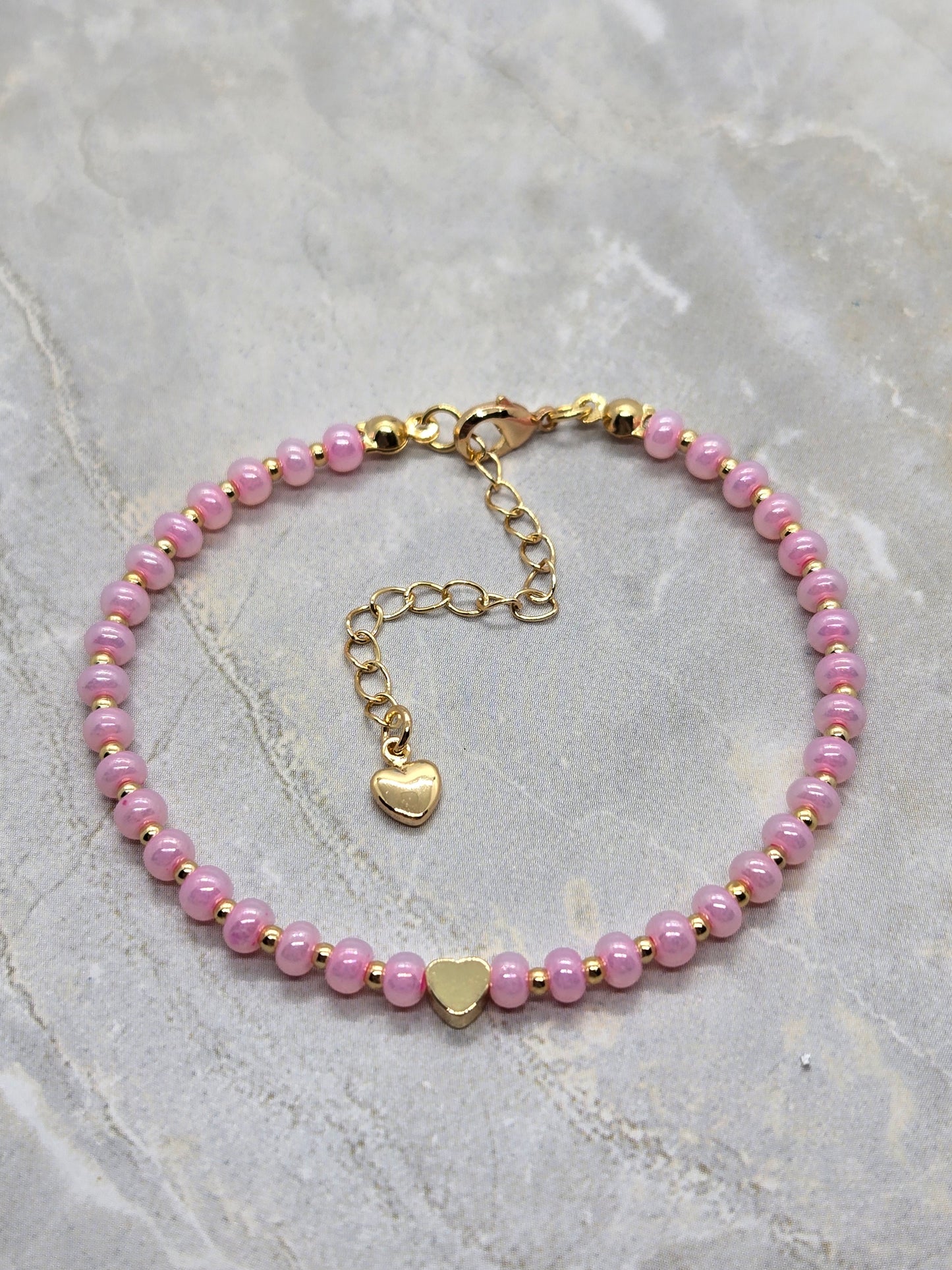 Pink Glass and gold heart plated beads