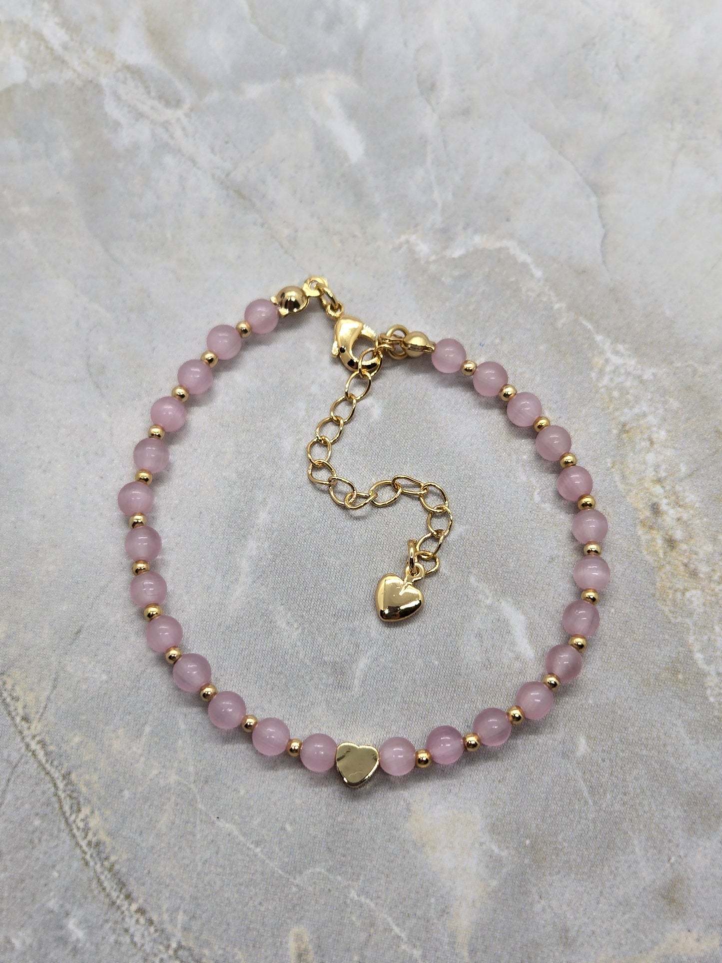 Pink Glass and gold heart plated beads