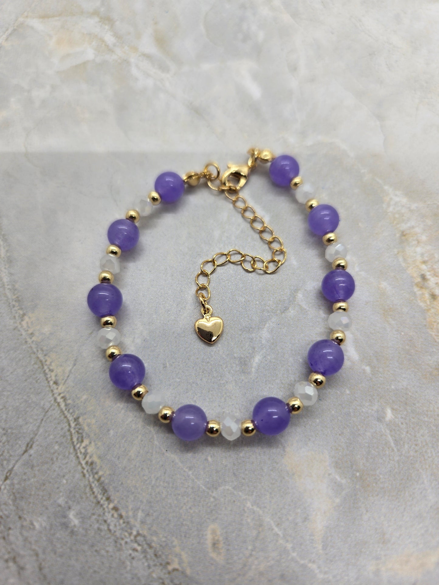Dyed Jade Purple, white and Gold plated Bracelet