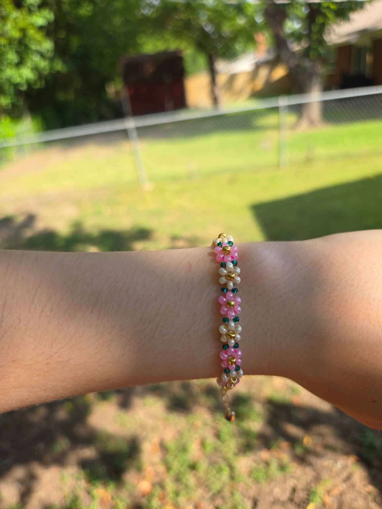 Pink and green Daisy bracelet