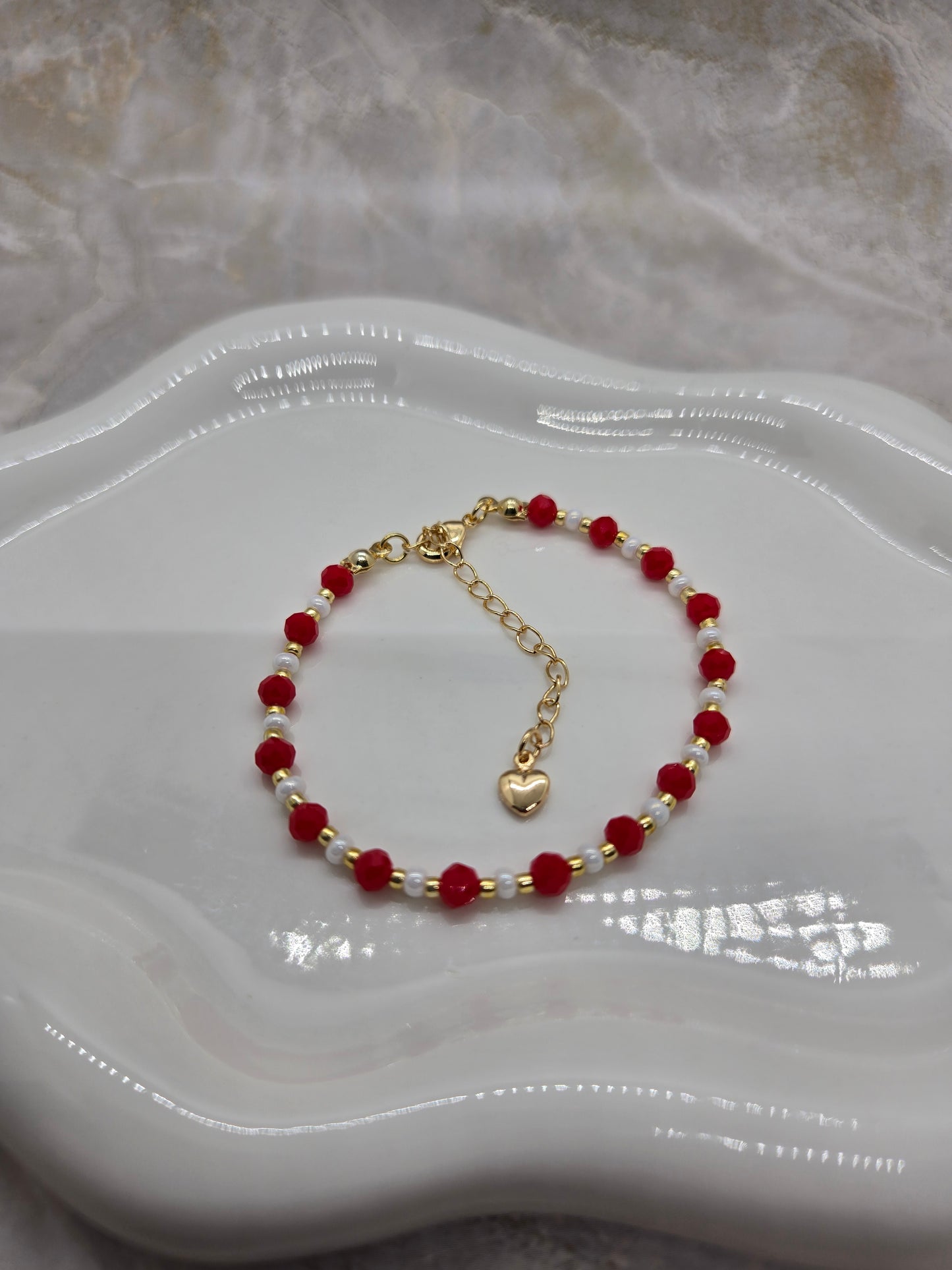 Red, white  and gold plated beads bracelet
