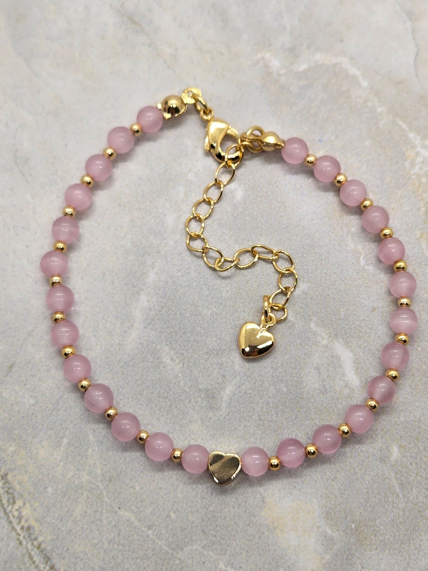 Pink Glass and gold heart plated beads