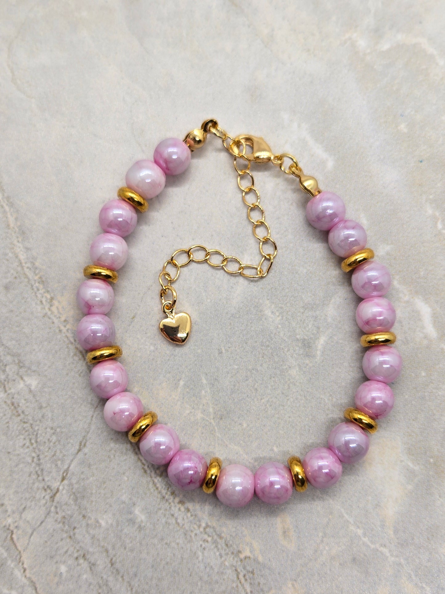 Pink Glass and gold plated beads