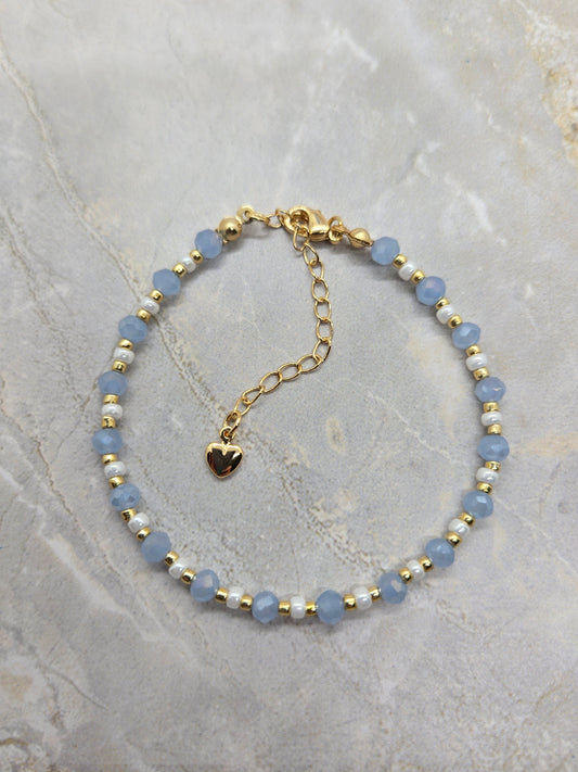 Light blue, white  and gold plated beads bracelet