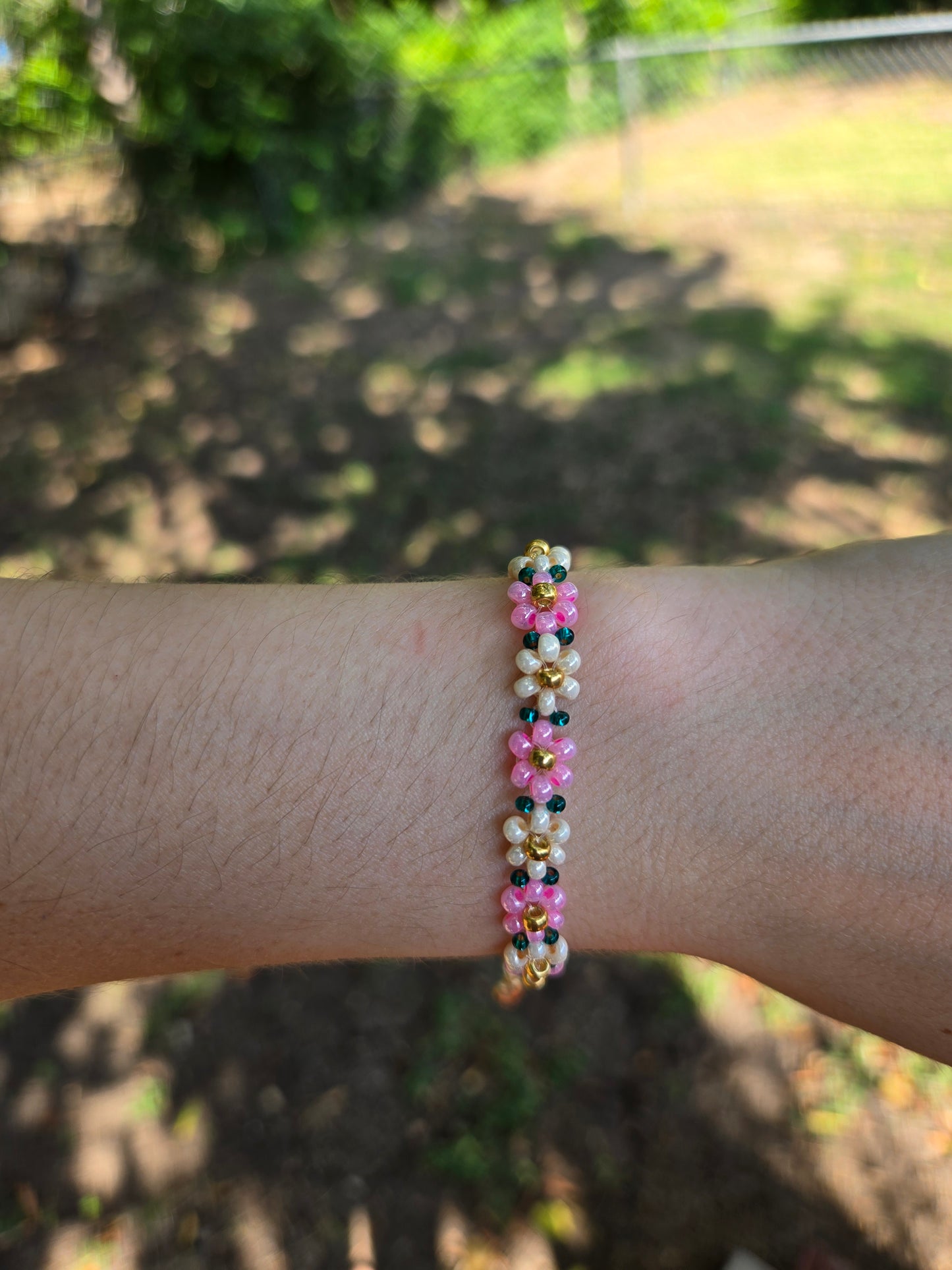 Pink and green Daisy bracelet