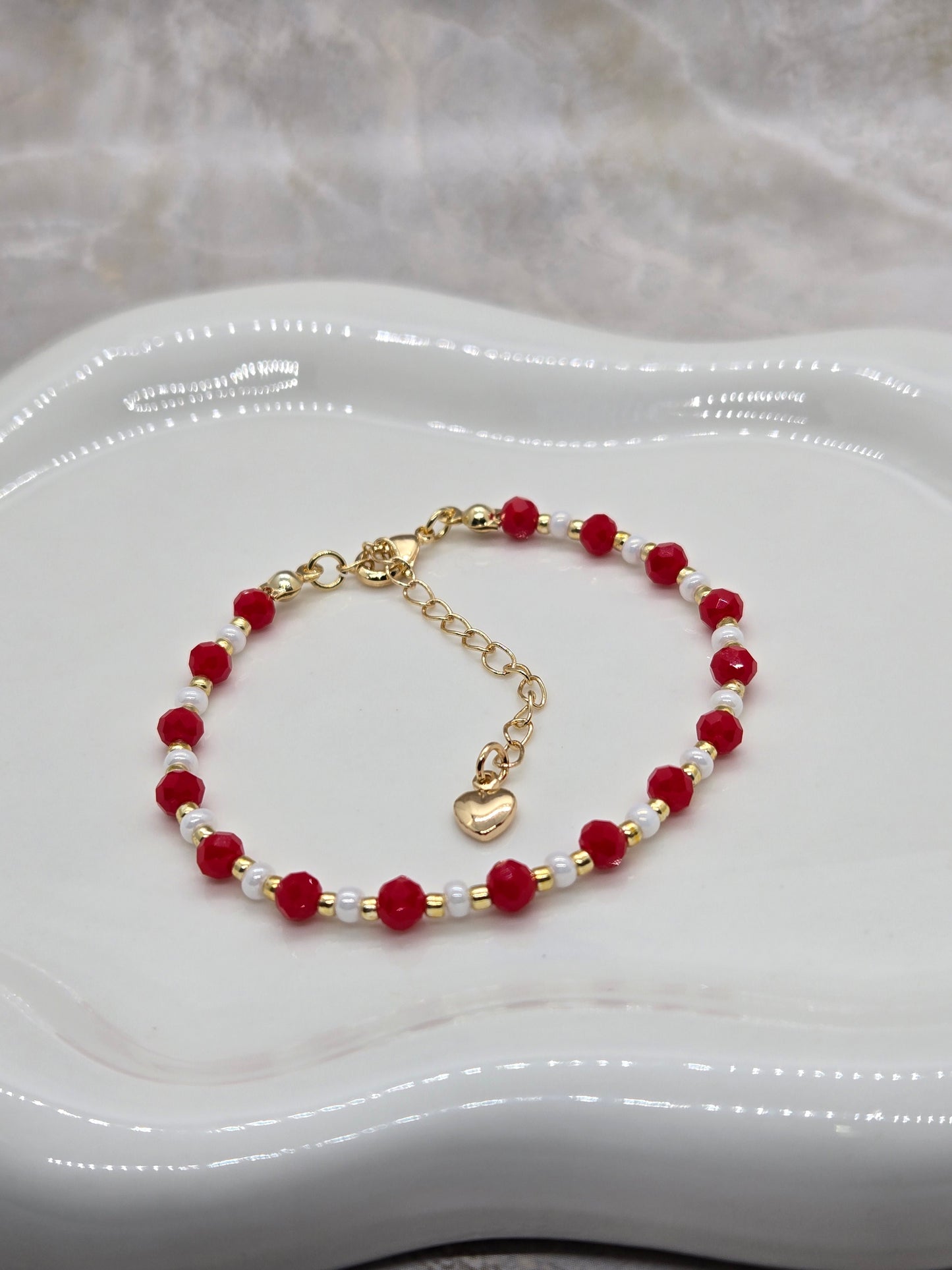Red, white  and gold plated beads bracelet