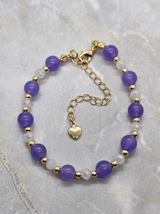Dyed Jade Purple, white and Gold plated Bracelet