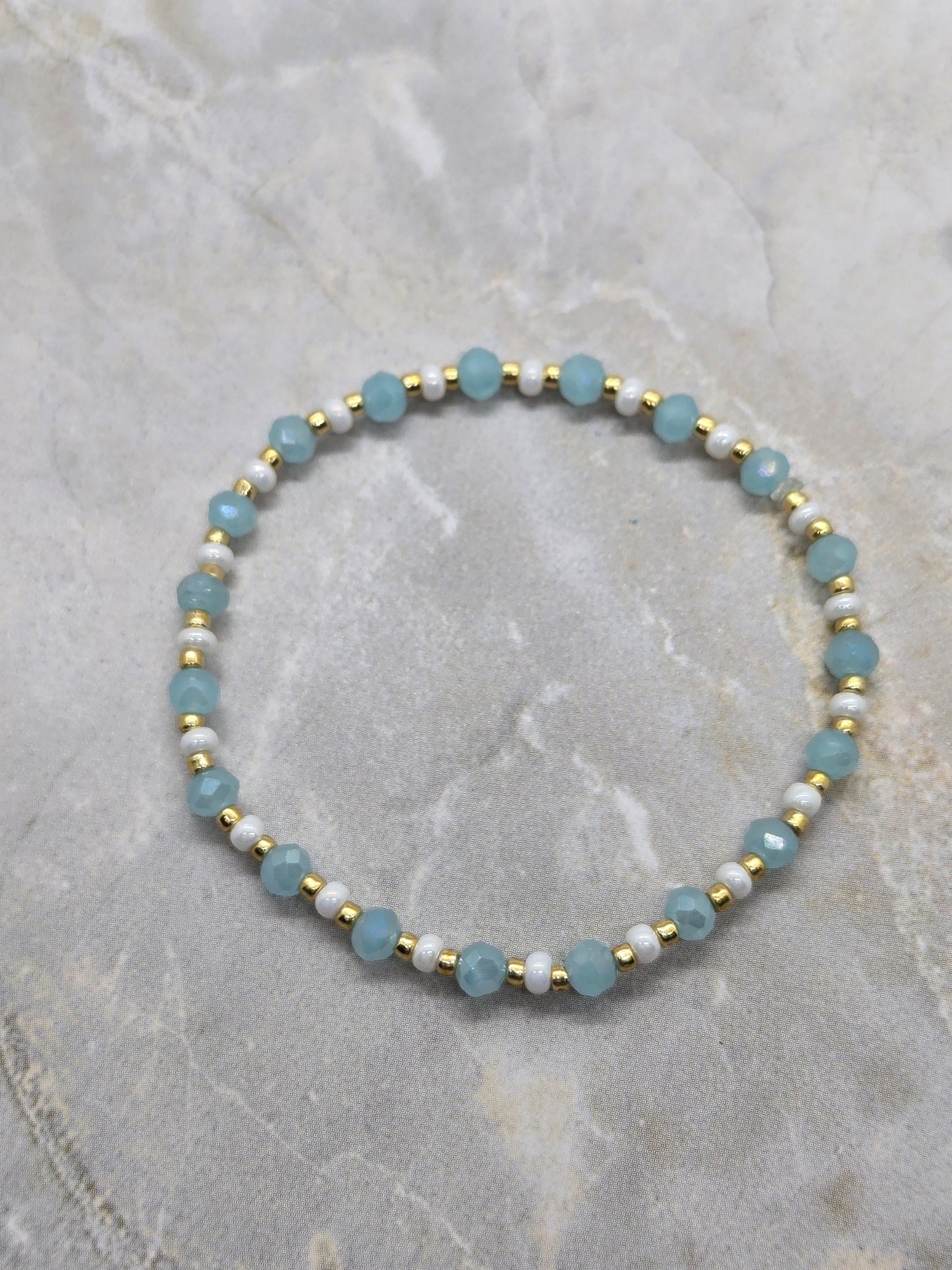 Blue, white and gold beads elastic bracelet 6.5 inch