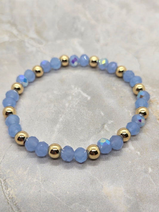 Light blue and gold plated beads elastic bracelet