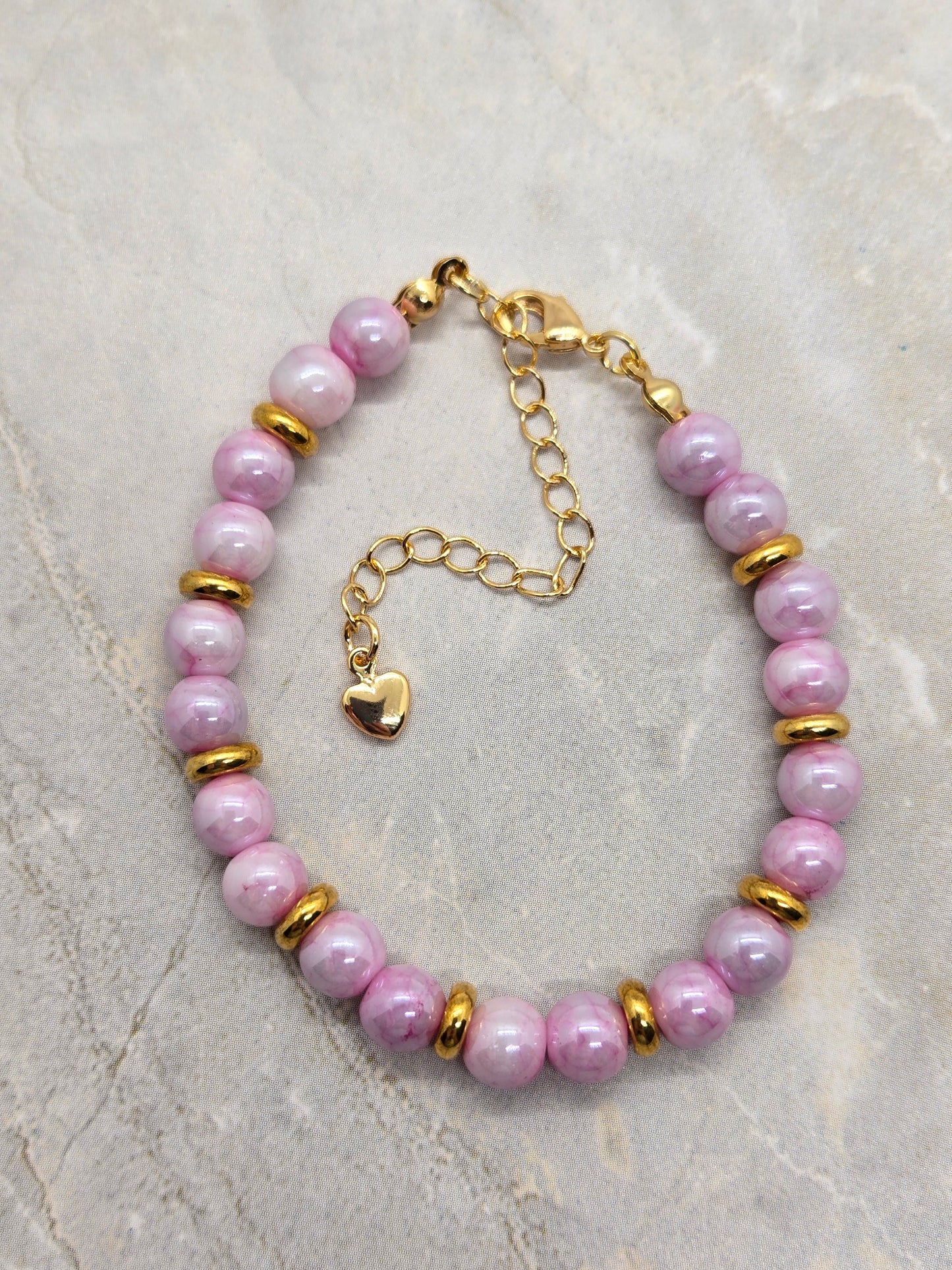 Pink Glass and gold plated beads
