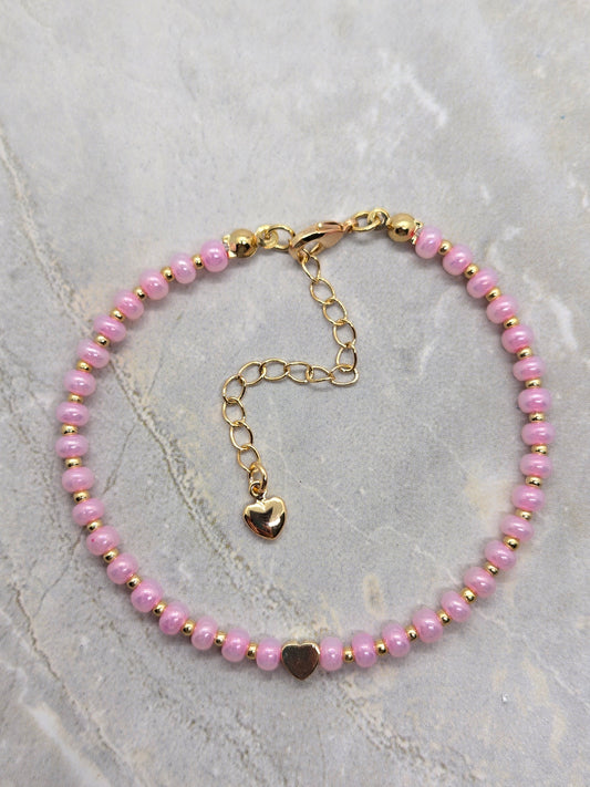 Pink Glass and gold heart plated beads