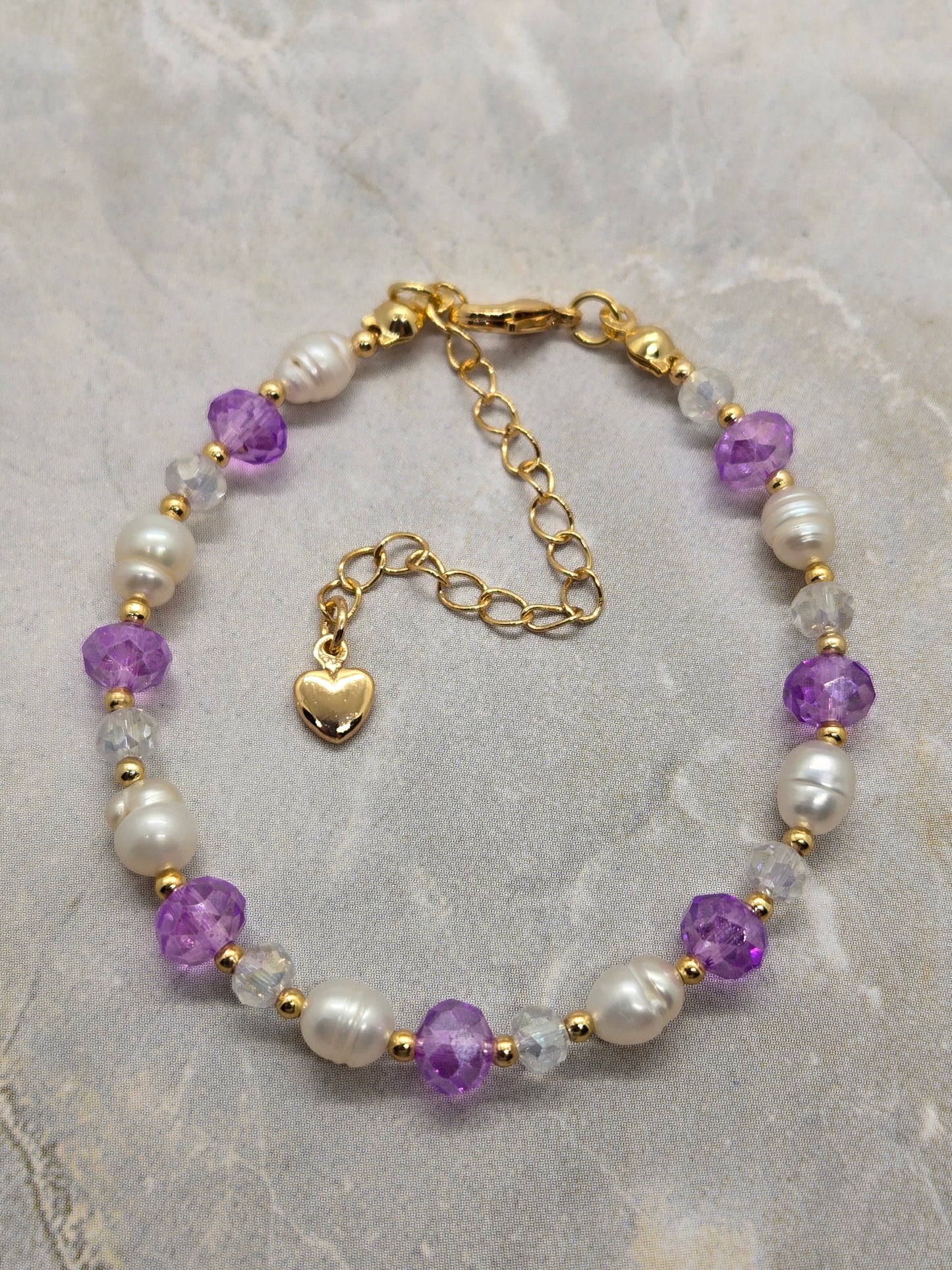 Purple, fresh water pearls and Gold plated Bracelet