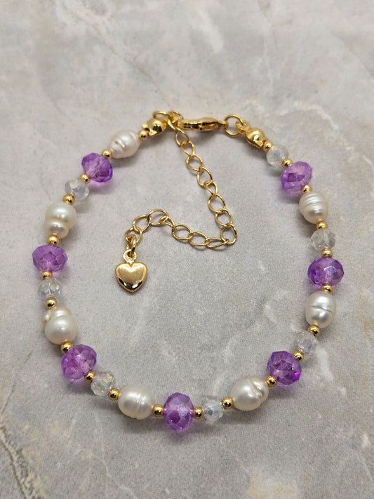 Purple, fresh water pearls and Gold plated Bracelet