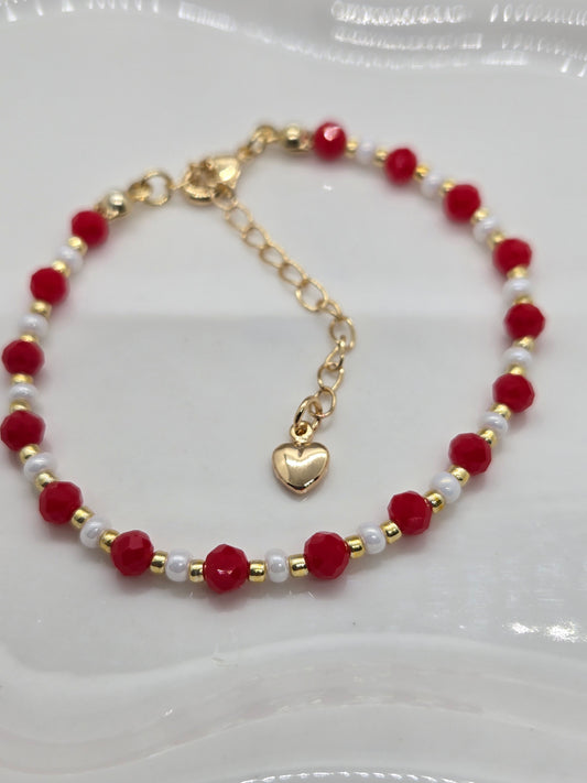 Red, white  and gold plated beads bracelet