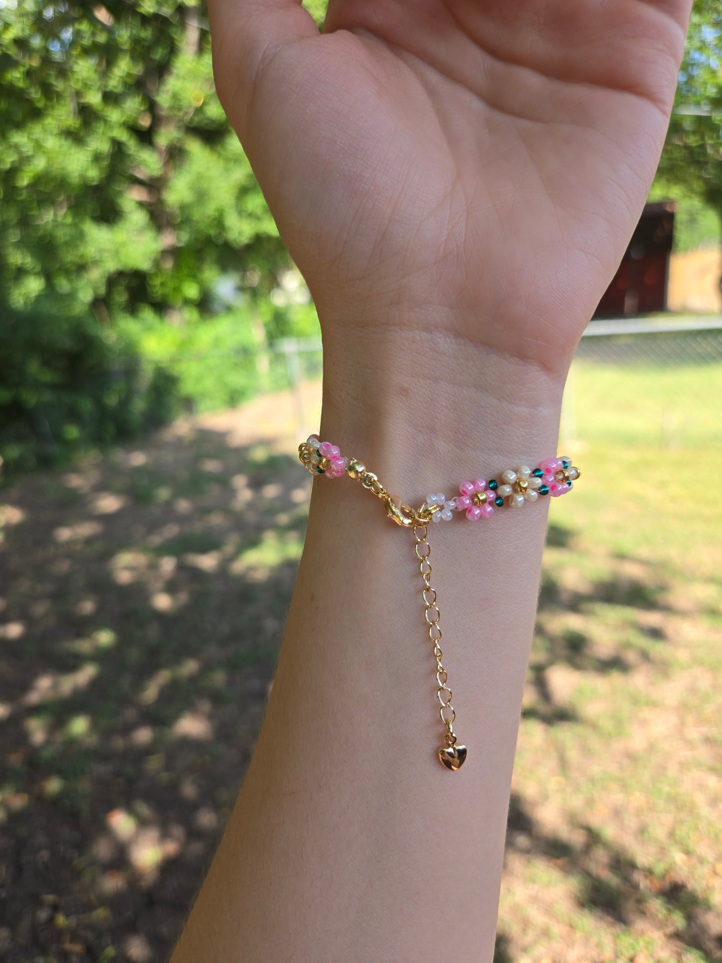 Pink and green Daisy bracelet