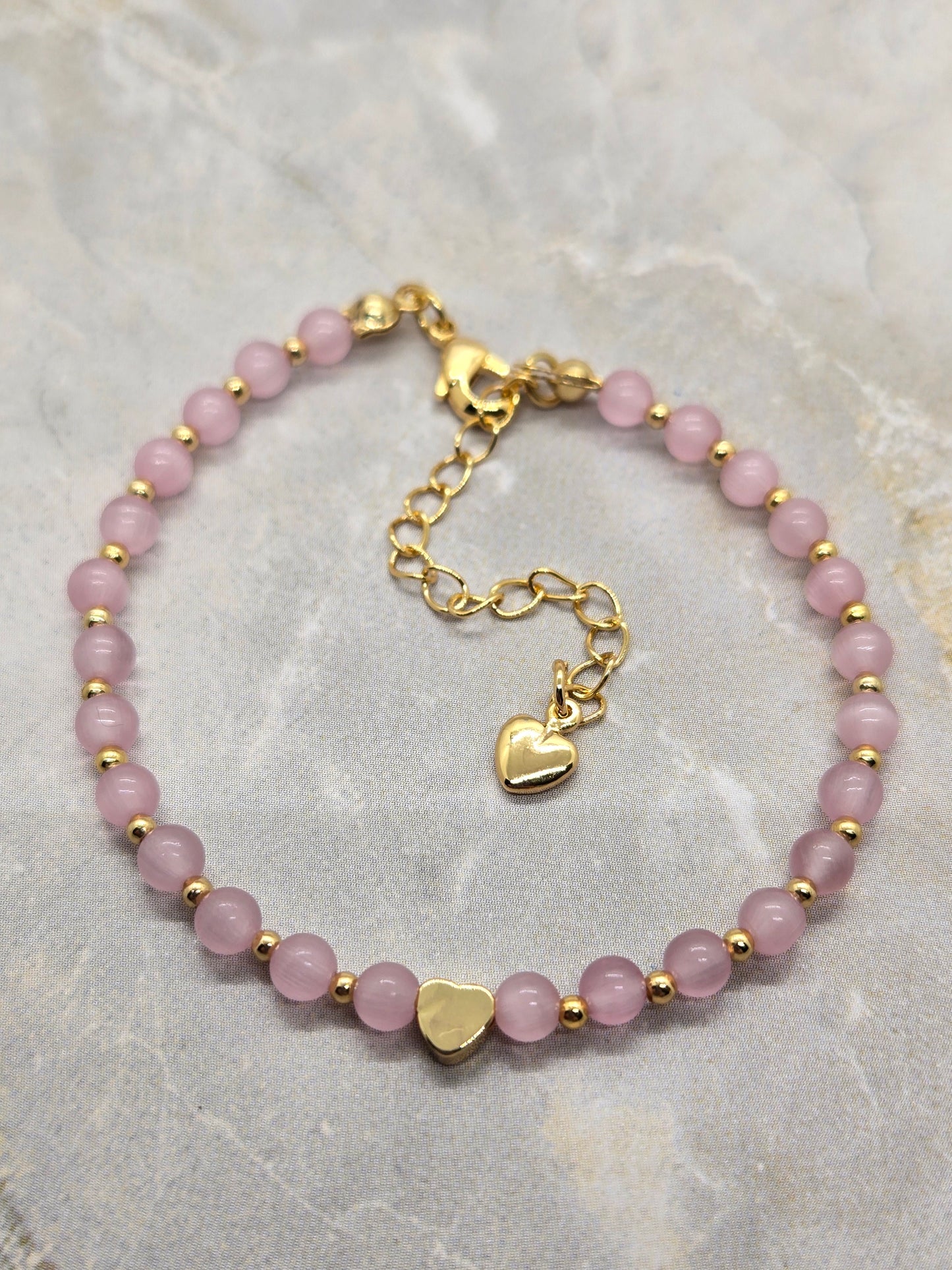Pink Glass and gold heart plated beads