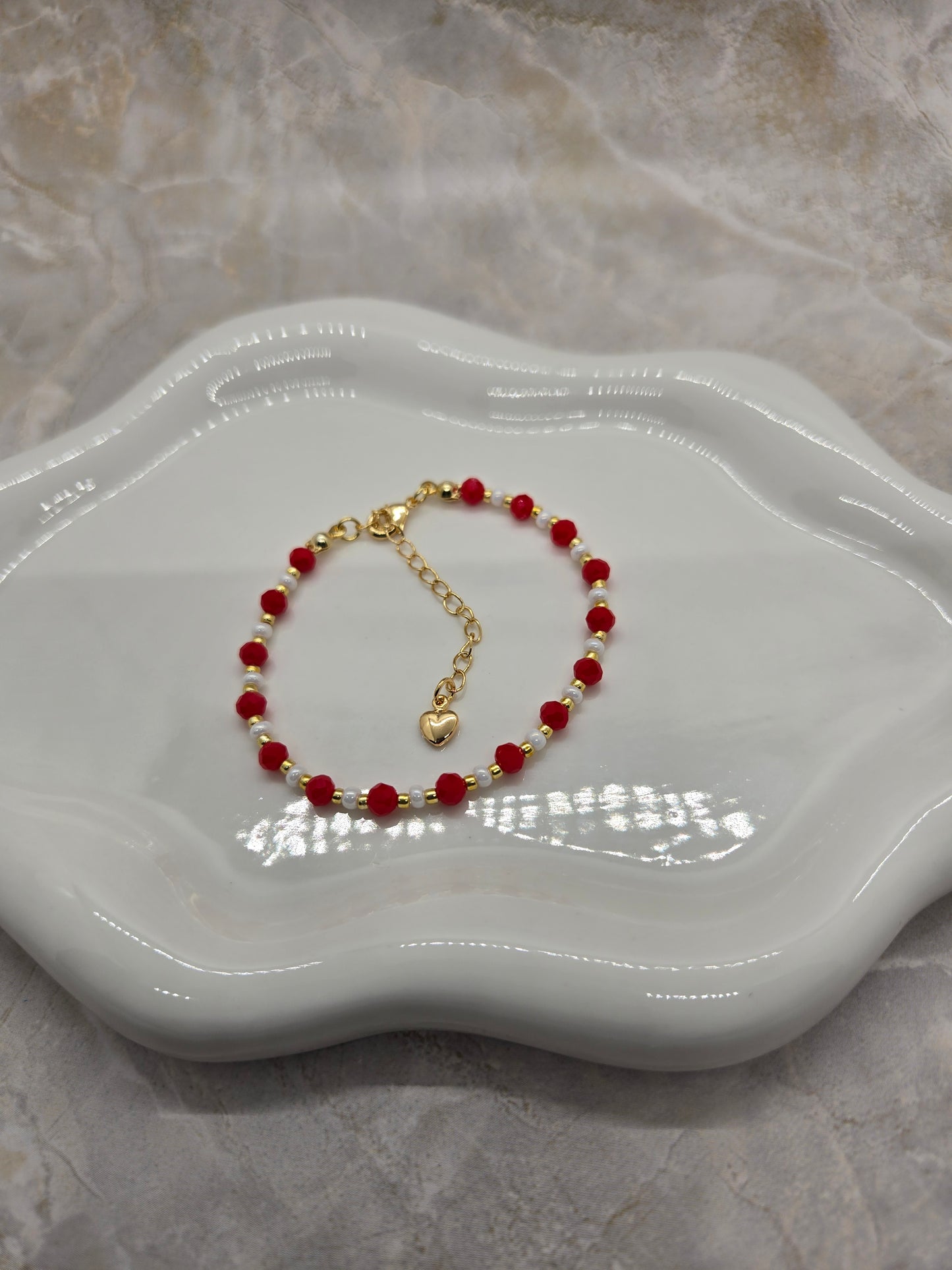 Red, white  and gold plated beads bracelet